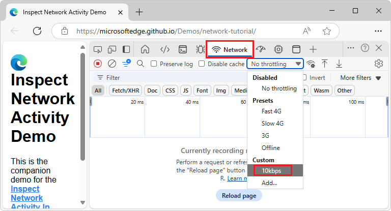 Selecting a custom profile in the Throttling dropdown menu