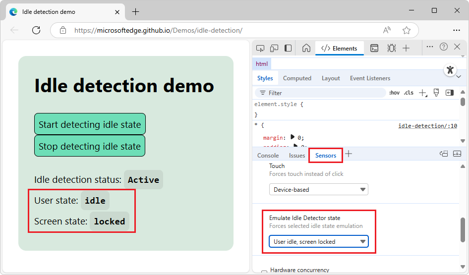 Selecting an idle and locked state on a demo page