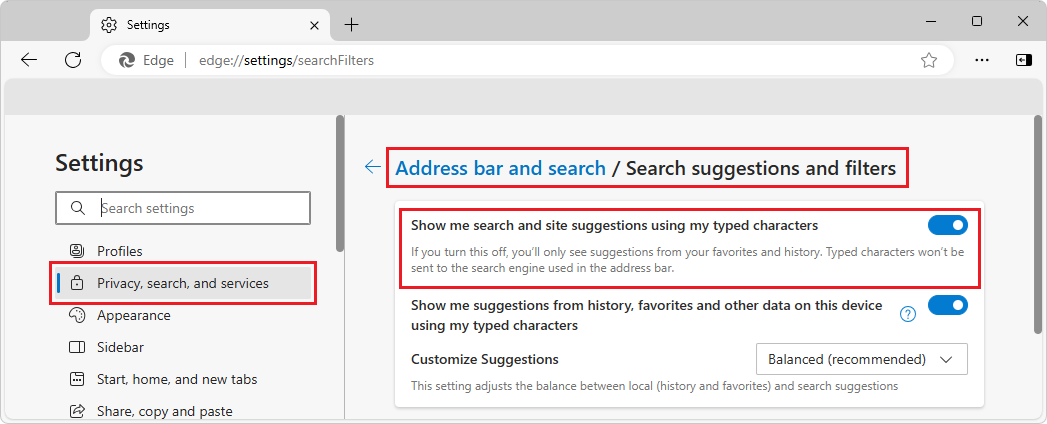 The toggle in Edge Settings for "Show me search and site suggestions using my typed characters"