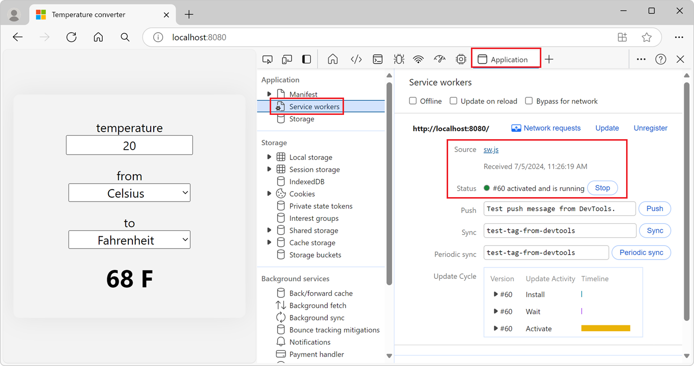 The DevTools Application tool, showing the Service Workers panel, with the new sw.js worker running