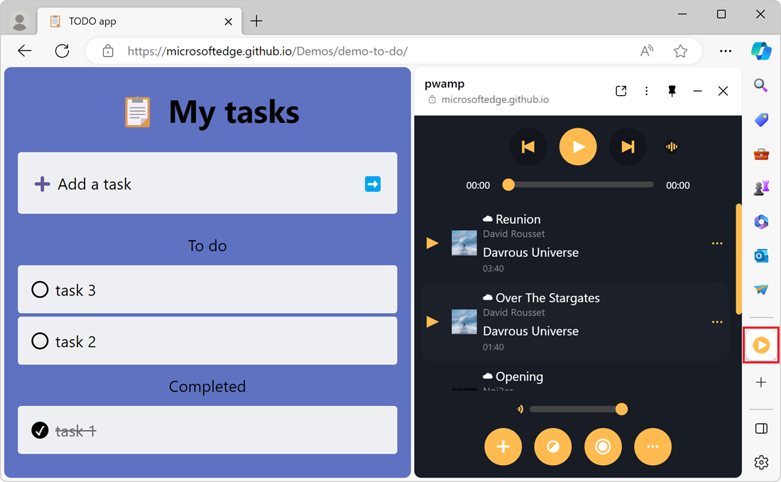Microsoft Edge with one tab opened on a TODO list app, and PWAmp in the sidebar
