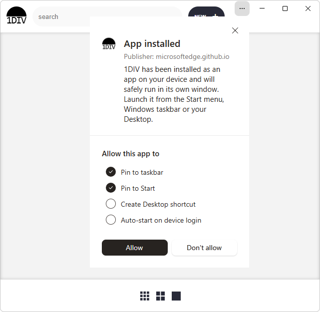 The 1DIV app in its own window, displaying the "App installed" dialog