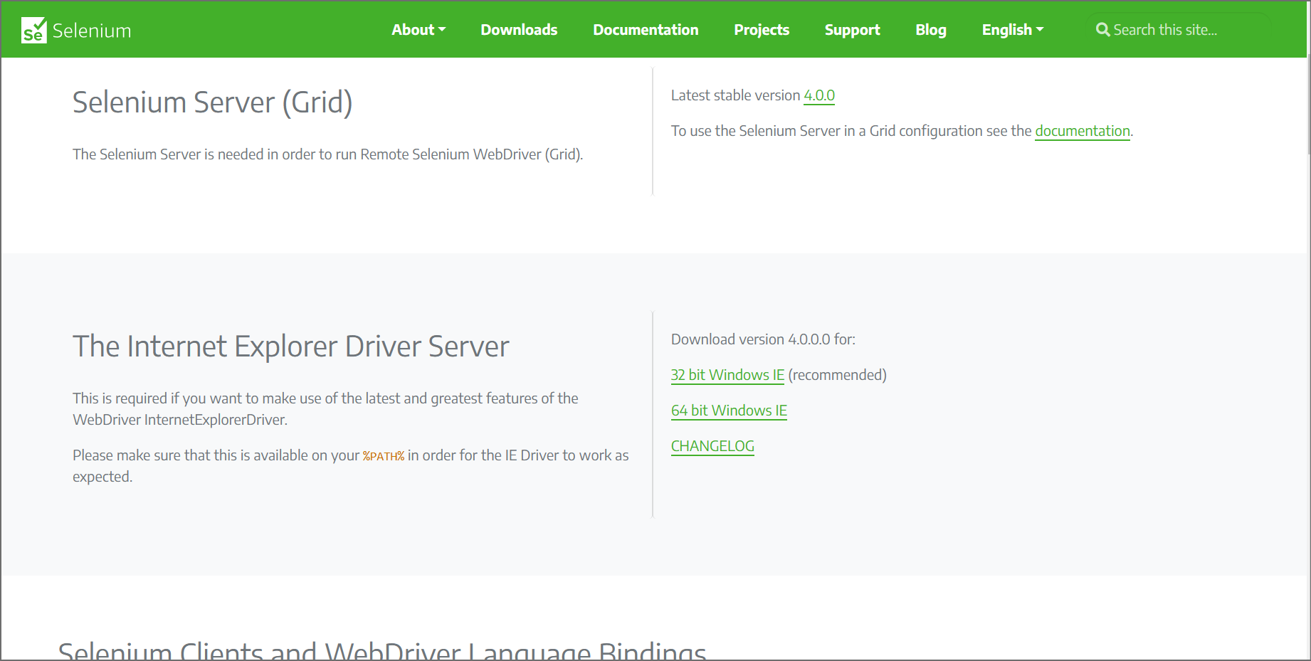 The IEDriver section of the Downloads page for Selenium