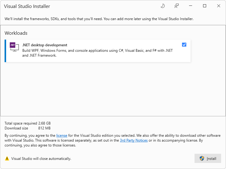 Visual Studio installer for the .NET desktop development workload