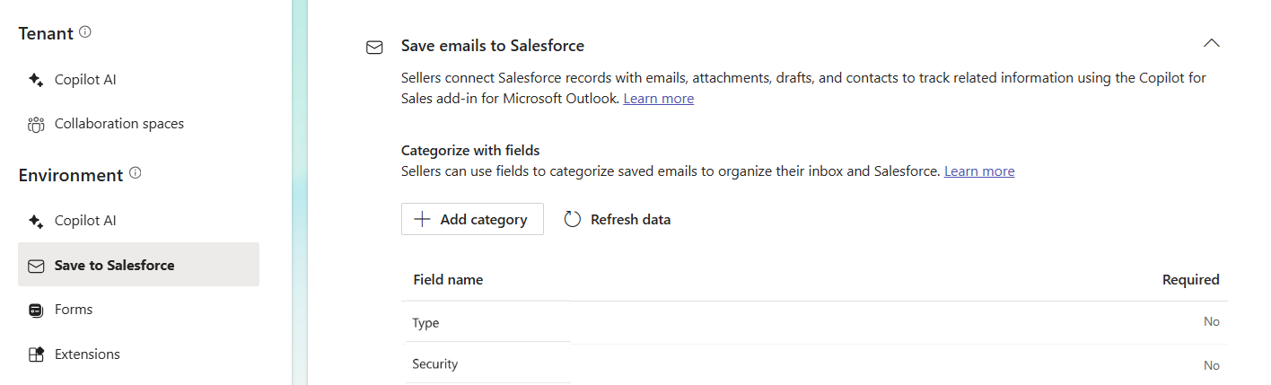 Screenshot of Save emails to CRM settings page in Copilot for Sales in Teams.