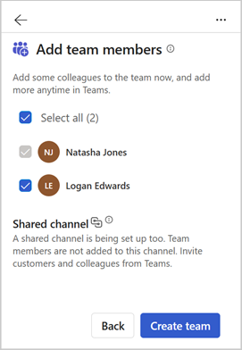 Screenshot of the Add team members step in the Sales agent in Outlook.