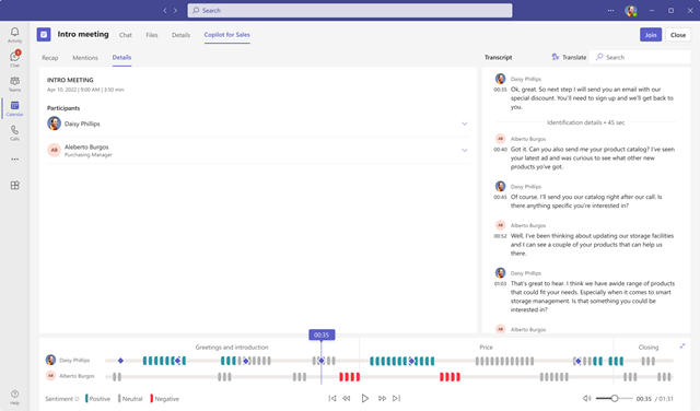 Screenshot showing the Details tab in Copilot for Sales meeting summary.