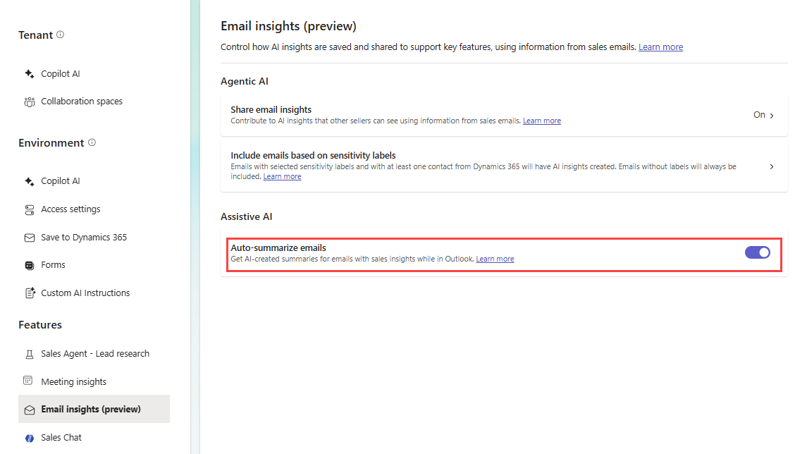 Screenshot showing email insights auto-summary settings.