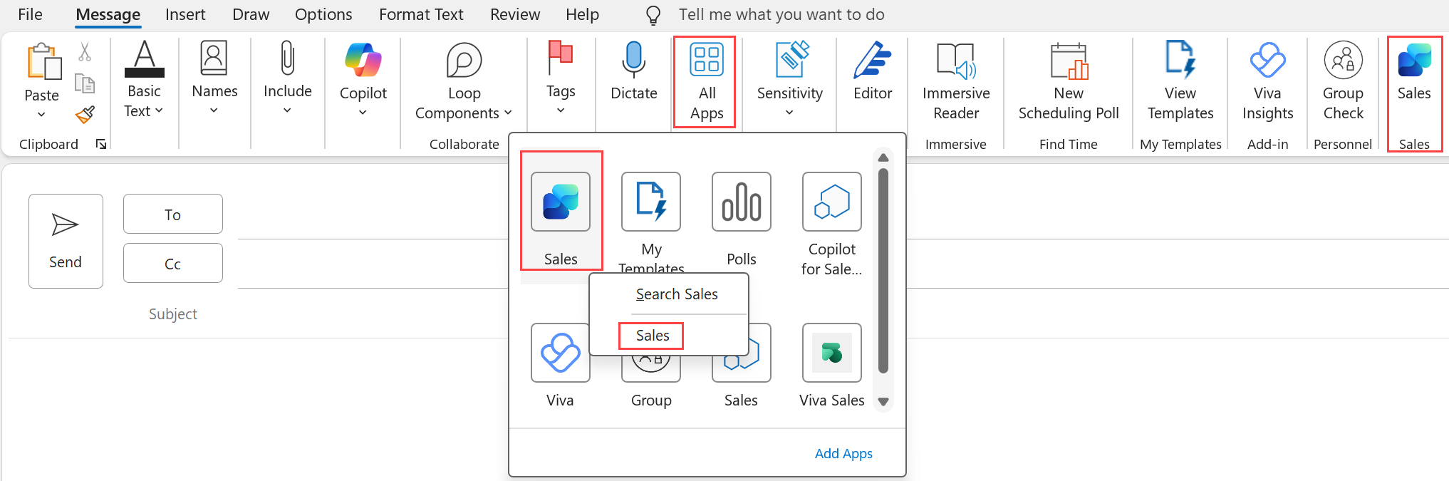 Screenshot showing accessing the Sales agent from Outlook desktop while drafting an email.