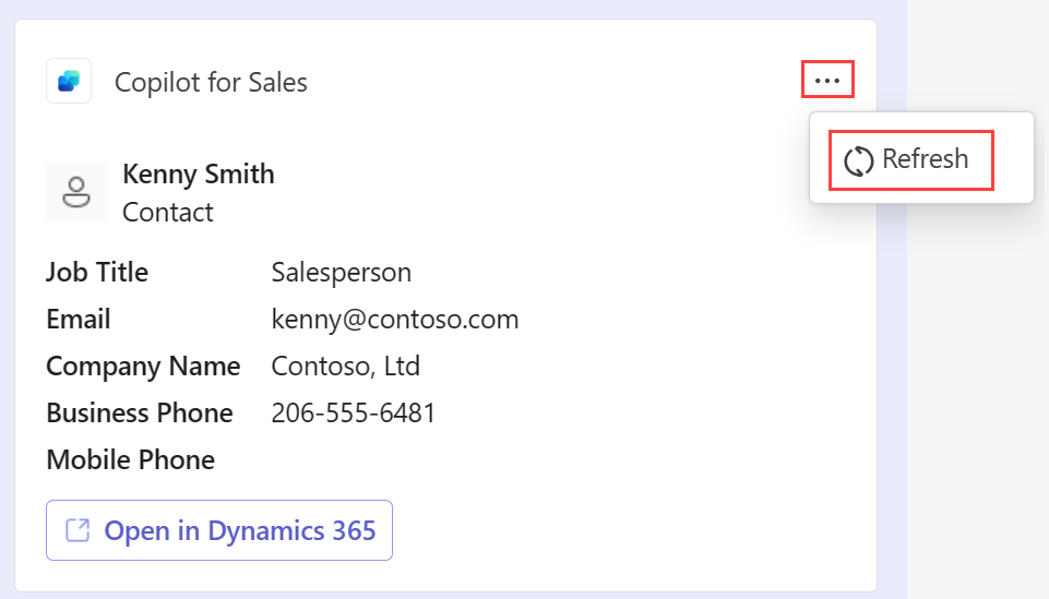 Screenshot showing how to refresh the Copilot for Sales contact card.