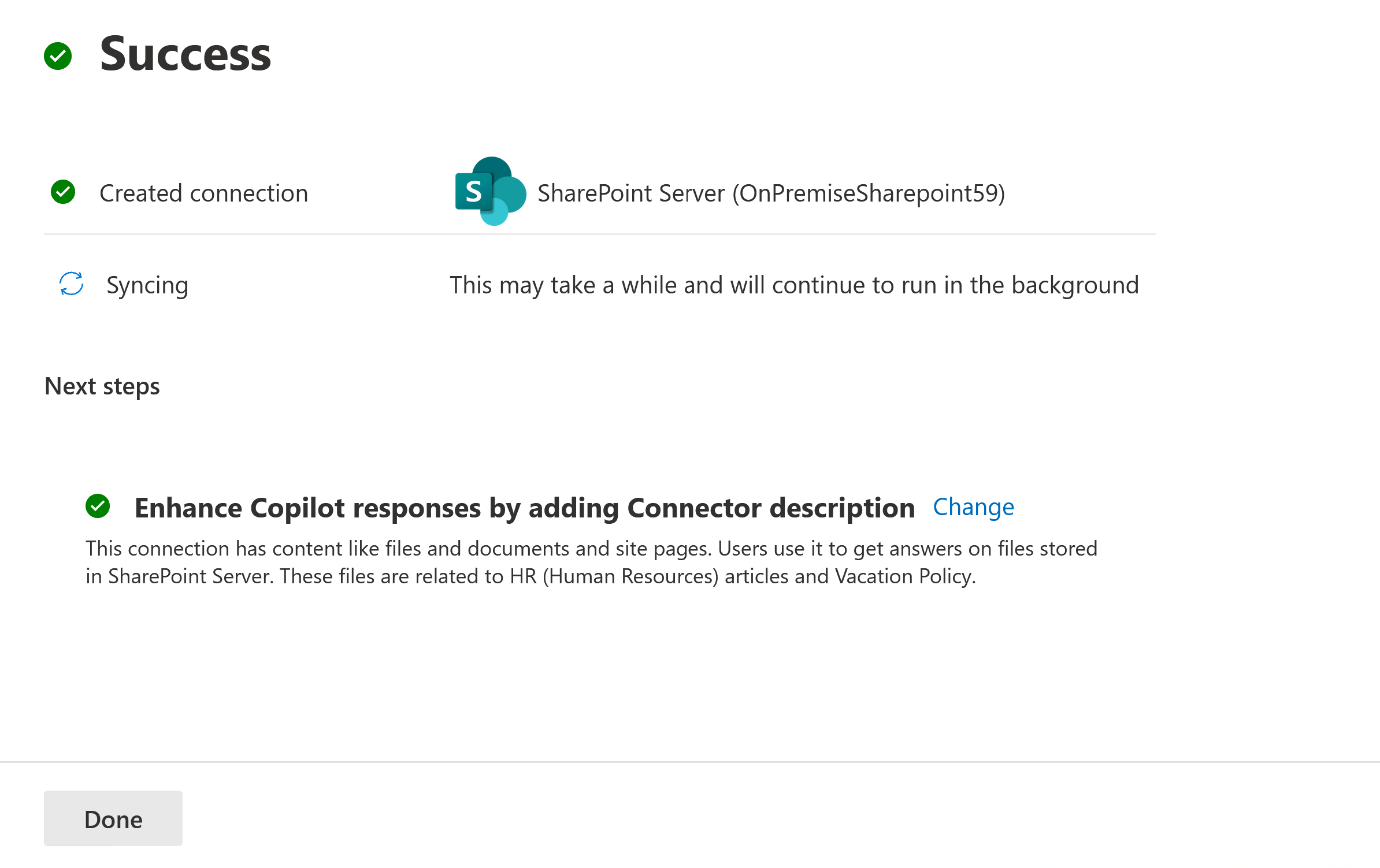Screenshot that shows success screen.