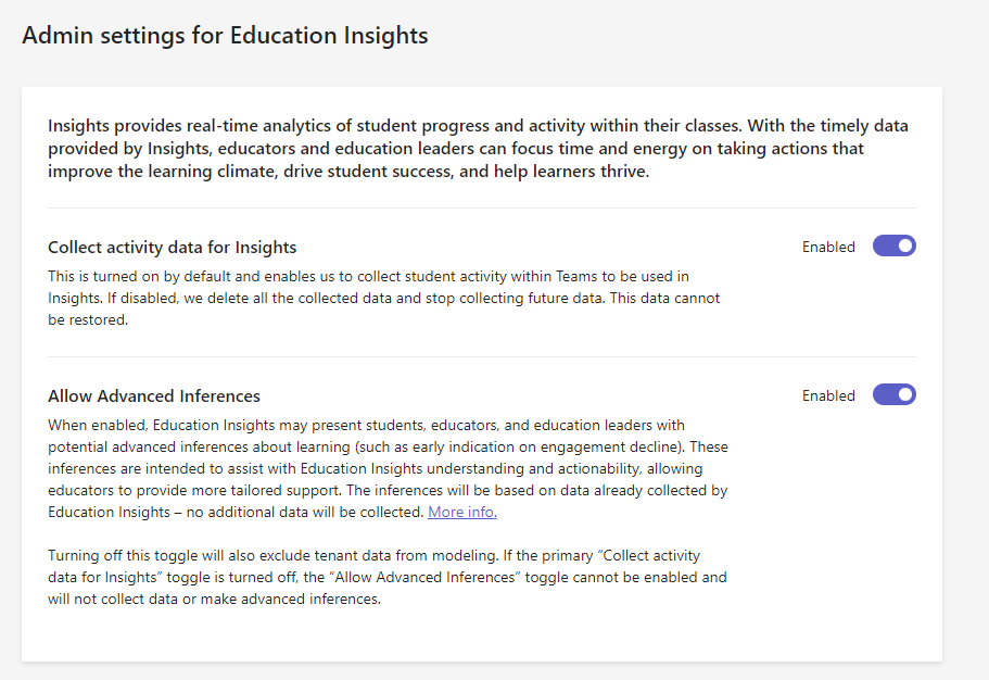 Screenshot of the Teams client toggles to turn Insights off and on.