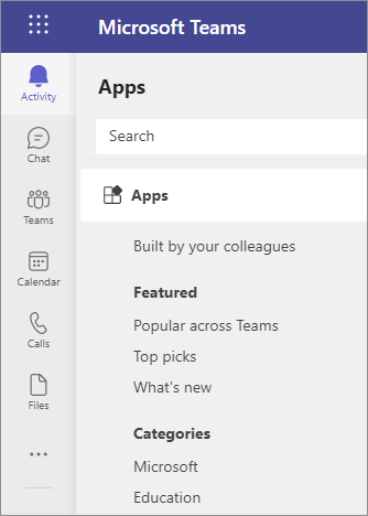 Screenshot showing the core apps are the apps pinned in Teams by default.