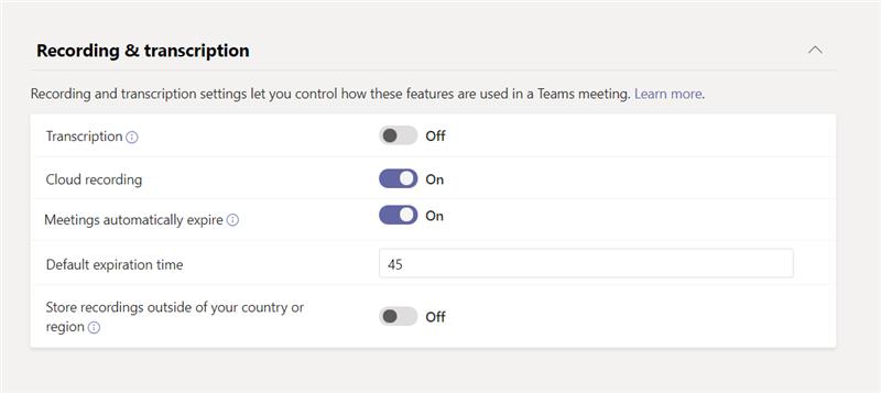 Screenshot from Teams admin center of automatic meeting expiration setting.