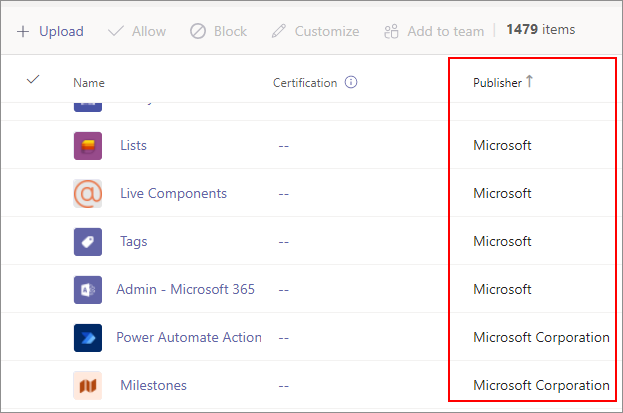 Screenshot showing a list of Microsoft apps in Teams admin center.