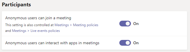 Screenshot of Teams meeting settings for anonymous participants.