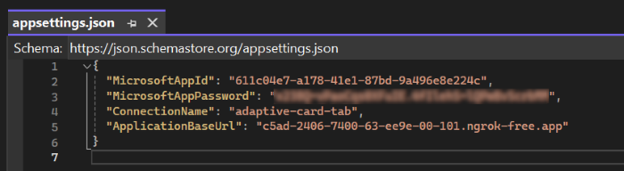 Screenshot of Visual Studio displaying appsettings.json file.