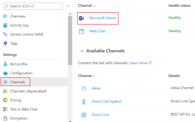 Screenshot shows how to select Teams in channels.