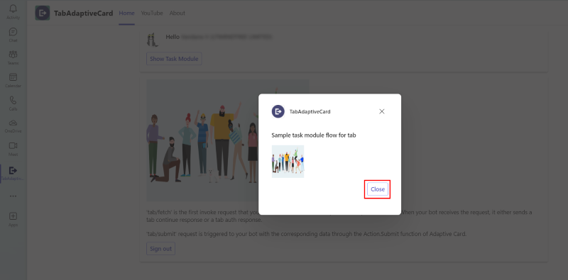 Screenshot of a tab auth response appearing in Microsoft Teams.
