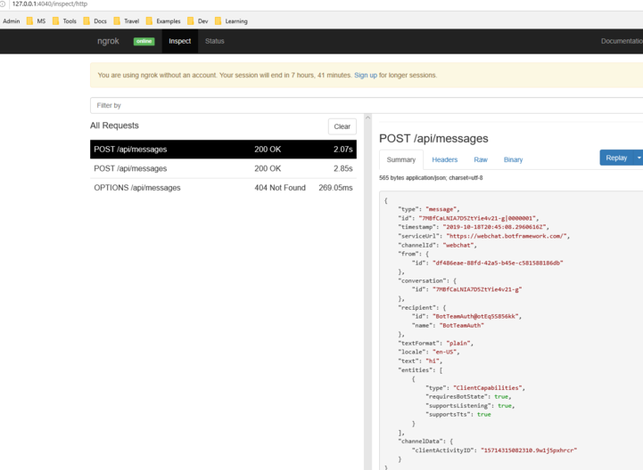 Screenshot shows auth bot teams ngrok testing.