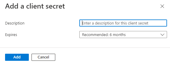 Screenshot shows the Add a client secret page to provide the required details.