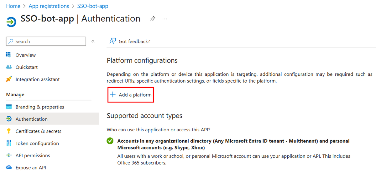 Screenshot shows the Add a platform option under Authentication.