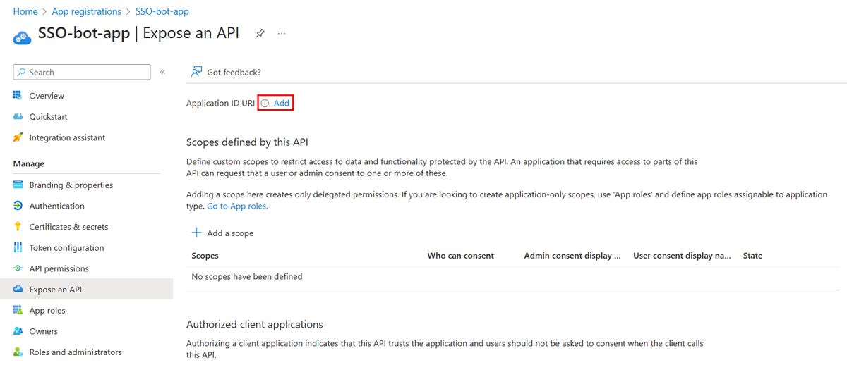 Screenshot shows the Set option of Application ID URI.