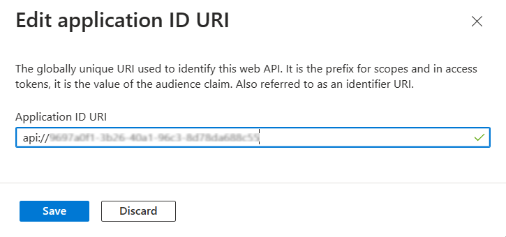 Screenshot shows the Application ID URI added.
