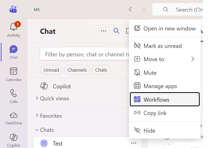 Workflows option selected in the channel menu.