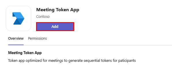 Screenshot of Meeting Token App with Add option highlighted in red.