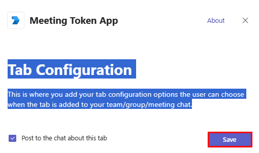 Screenshot of Meeting Token App with Save option highlighted in red.