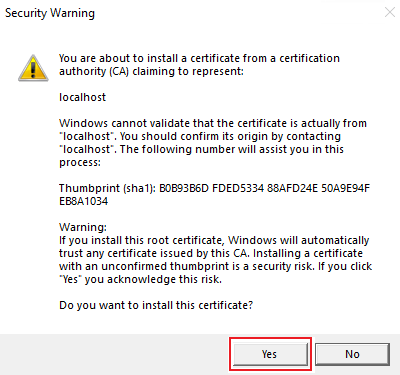 Screenshot shows the security warning with the yes option highlighted in red.