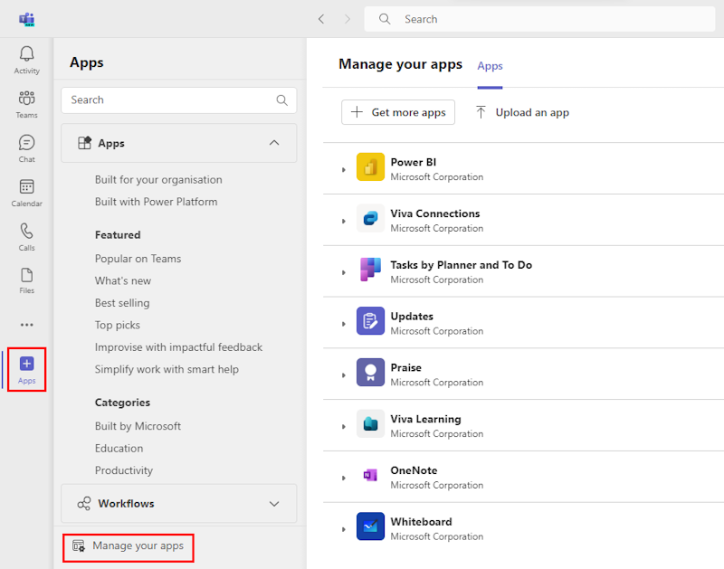 Screenshot shows the list of installed apps that appears when you select manage your apps.