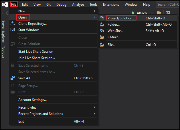 Screenshot of Visual Studio file menu. The menu entries titled Open under File menu and Project/Solution under Open are highlighted in red.