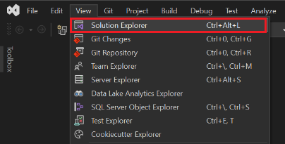 Screenshot of Visual Studio with the menu item Solution Explorer under View is highlighted in red.