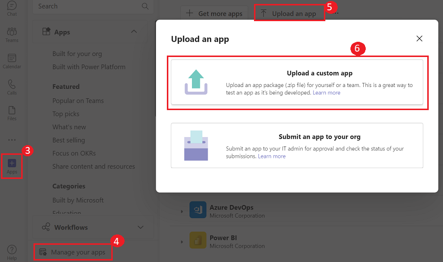 Screenshot showing the selection of Upload a custom app highlighted in red.