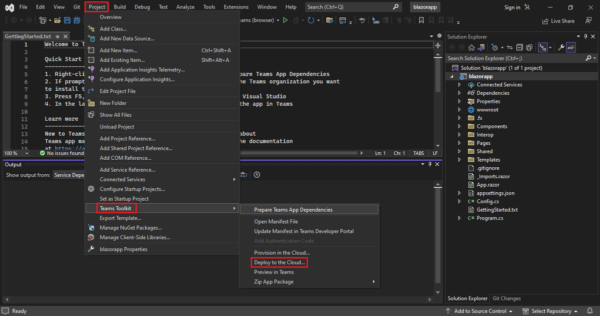 Screenshot shows Visual Studio with Project, Teams Toolkit, and Deploy to the Cloud options highlighted in red.