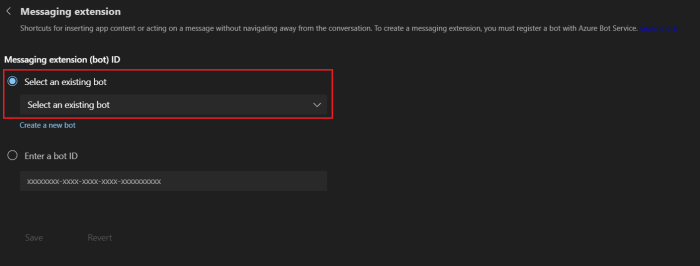 Screenshot of image showing Message extension pane to select bot.