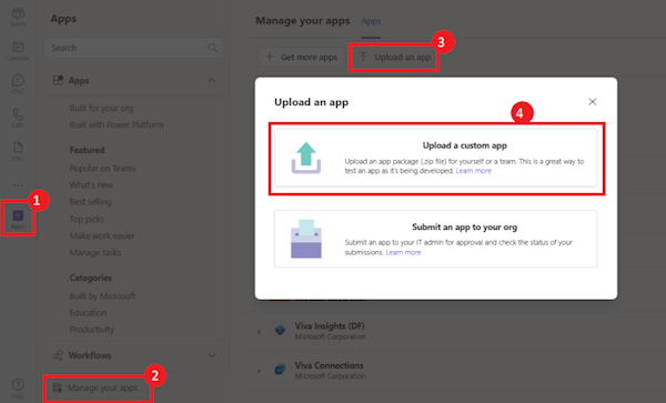 Screenshot shows the option to upload a custom app in Teams.