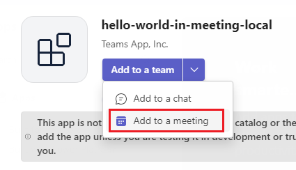 Add app to meeting option in Microsoft Teams