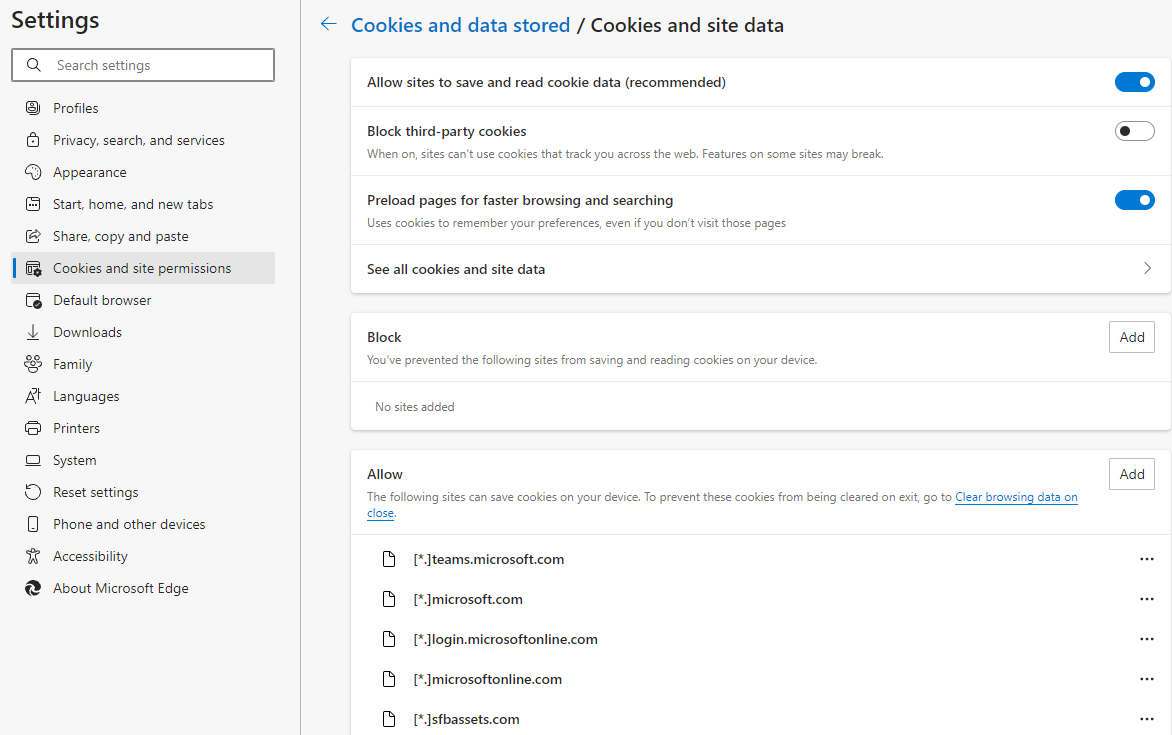 Screenshot of the settings window in edge showing options added under cookies and site permissions.