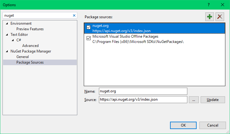 Screenshot showing the Options window with Package Sources selected.