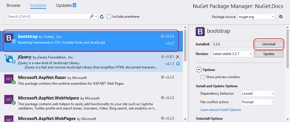 Screenshot showing the NuGet Package Manager with a package selected and its Uninstall button highlighted.