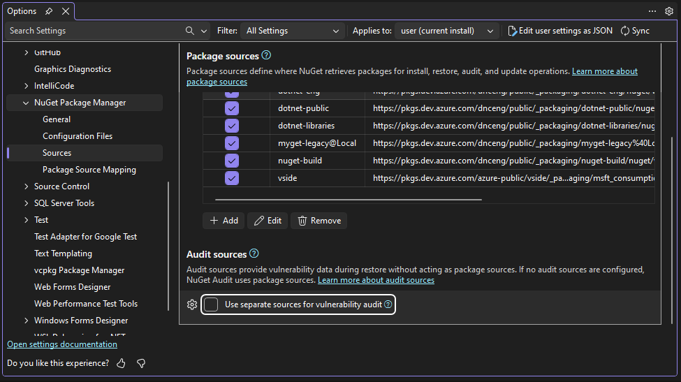 Audit Sources section with checkbox "Use separate sources for vulnerability audit"