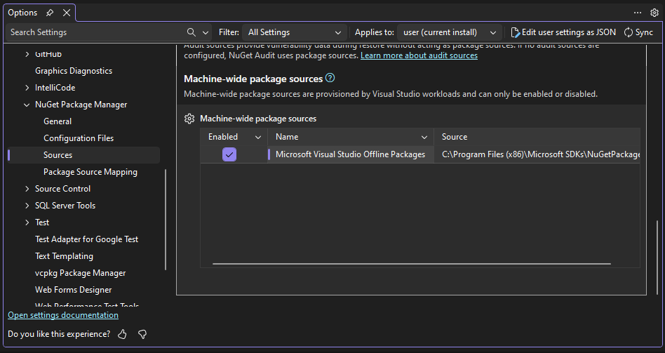 Machine-wide sources table on the Package Sources page