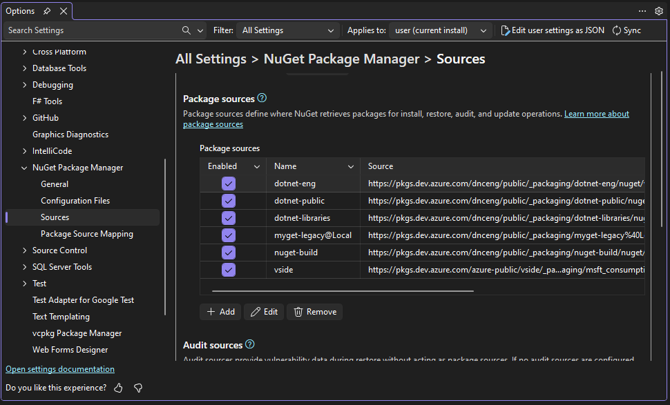Sources page of NuGet options