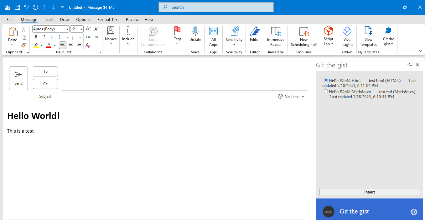 The add-in task pane and the selected gist content displayed in the message body.