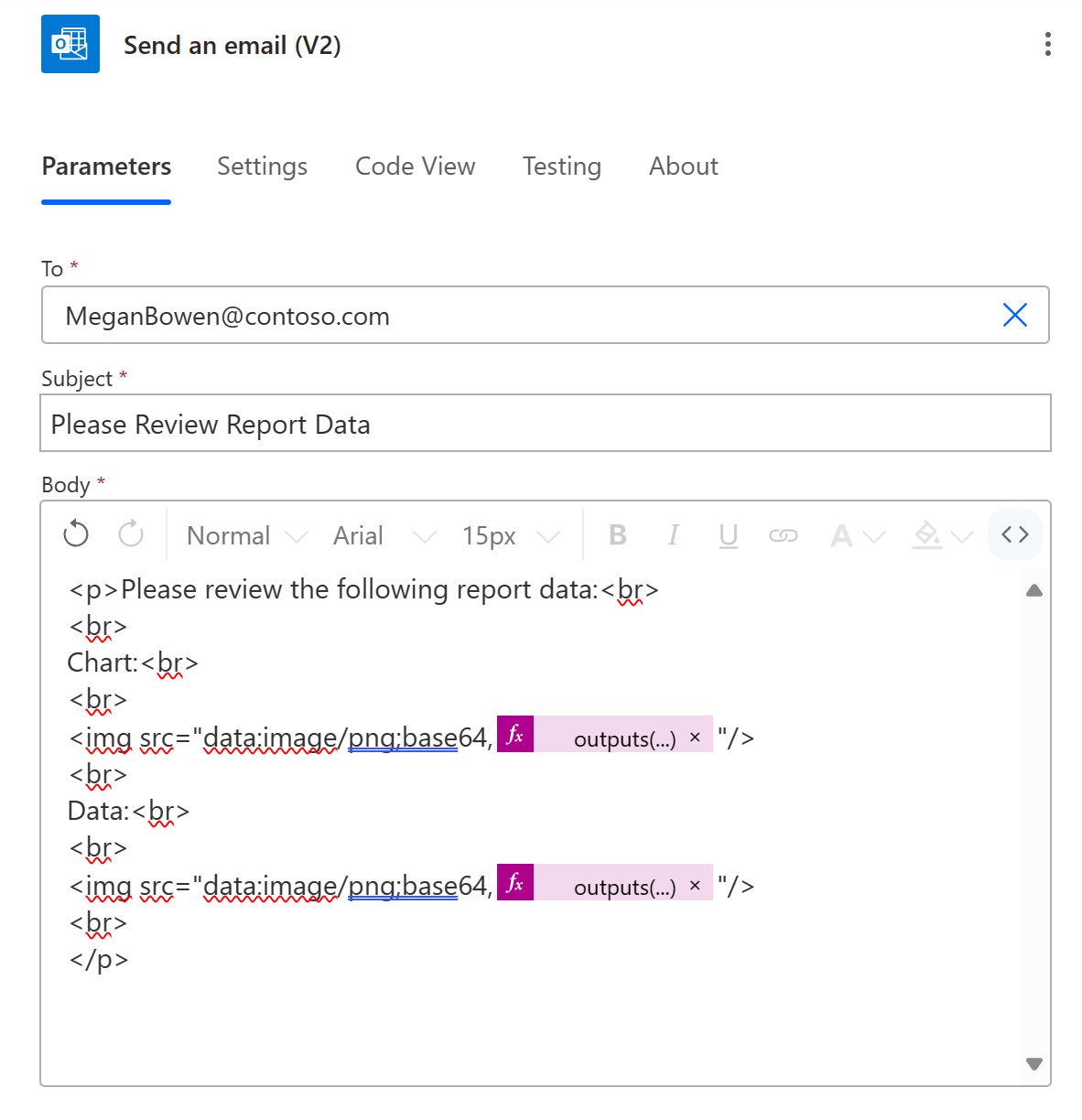 The completed Office 365 Outlook connector in Power Automate.