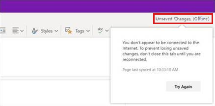 Screenshot shows Unsaved Changes (Offline) in OneNote.