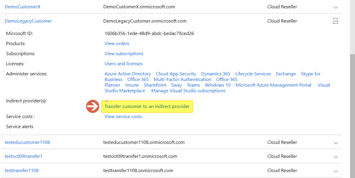 Screenshot of transferring a customer to an indirect provider in Partner Center.
